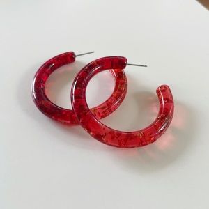 Red Acrylic/Lucite Hoop Earrings w/Gold Foil Flake